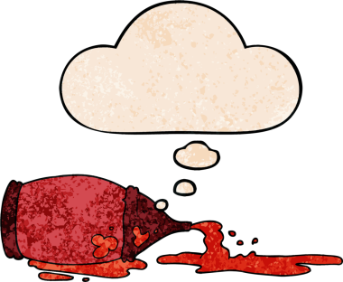 Bir insan tarafından çizilmiş grunge desenli düşünce baloncuklu ketçap şişesi döküldü.