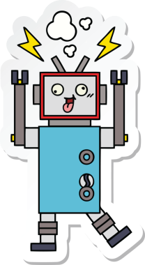 Bir insan tarafından çizilmiş, sevimli, çatlak, çatlak bir robotun çıkartması.