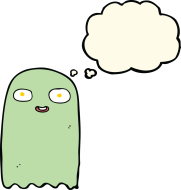 Bir insan tarafından çizilmiş düşünce baloncuklu komik çizgi film hayaleti.