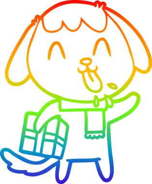 Gökkuşağı gradyan çizimi. Bir insan tarafından çizilmiş Noel hediyeli şirin bir çizgi köpek çizimi.