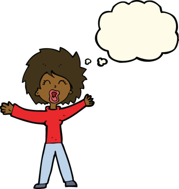 Bir insan tarafından çizilmiş düşünce balonuyla bağıran çizgi film kadını.