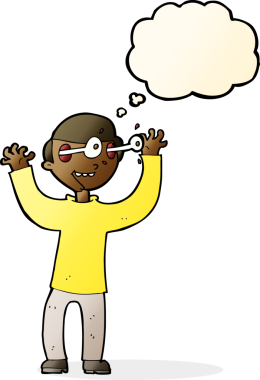 Bir insan tarafından çizilmiş düşünce baloncuğuyla gözlerinden fırlayan çizgi film adamı.