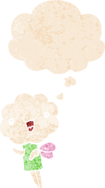 Düşünce baloncuğu ve grunge dertli retro desenli bir insan tarafından çizilmiş şirin çizgi film başlıklı yaratık.