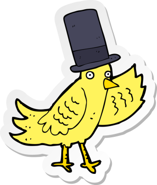 Bir insan tarafından çizilmiş silindir şapkalı çizgi film kuşunun çıkartması.