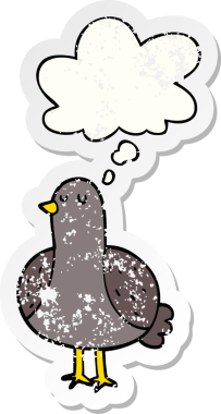 Düşünce baloncuğu olan çizgi film kuşu insan tarafından çizilmiş yıpranmış bir çıkartma gibi.