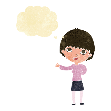 Bir insan tarafından çizilen düşünce baloncuğuyla açıklayan çizgi film kadını.