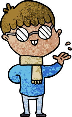 Bir insan tarafından çizilmiş gözlük takan çizgi film çocuğu.