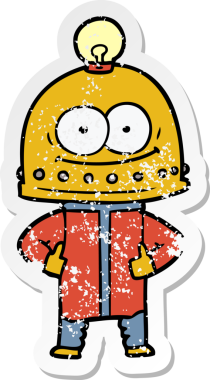 Bir insan tarafından çizilmiş ampullü mutlu bir robot çıkartması.