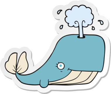 Bir insan tarafından çizilmiş su püskürten bir karikatür balinasının etiketi.