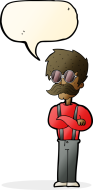 Bir insan tarafından çizilmiş, bıyıklı ve gözlüklü bir hippi çizgi film karakteri.