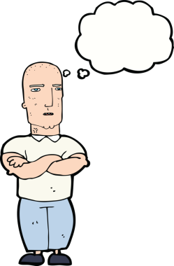 Bir insan tarafından çizilen düşünce baloncuğuyla kel bir adamı sinirlendiren çizgi film.