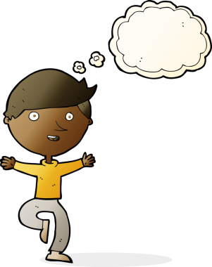 Bir insan tarafından çizilmiş düşünce baloncuğu ile heyecanlı bir adam.