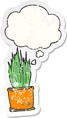 Düşünce baloncuğu olan karikatür evi bitkisi insan tarafından çizilmiş yıpranmış bir çıkartma.