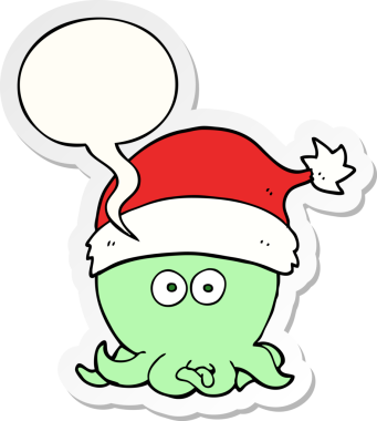 Bir insan tarafından çizilmiş balon çıkartmalı Noel şapkası takan ahtapot çizgi filmi.