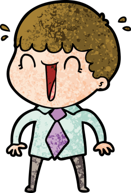 Bir insan tarafından çizilmiş tişörtlü ve kravatlı gülen adam.