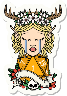 Ağlayan bir Elf Druid karakterinin çıkartması. Doğal bir D20 zarı bir insan tarafından çizilmiş.