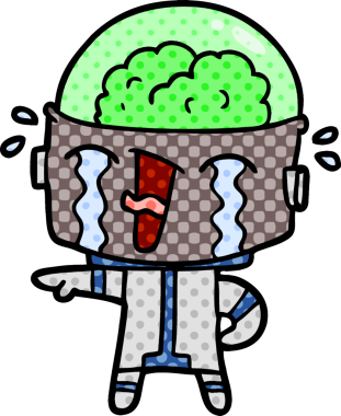 Bir insan tarafından çizilmiş ağlayan robot çizgi film.