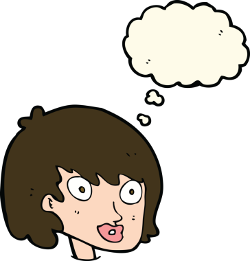 Bir insan tarafından çizilmiş düşünce baloncuklu mutlu kadın yüzü.