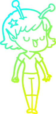 Bir insan tarafından çizilmiş mutlu bir uzaylı kız çizgi filmi.