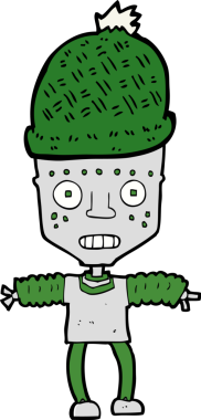 Bir insan tarafından çizilmiş şapka takan çizgi film robotu