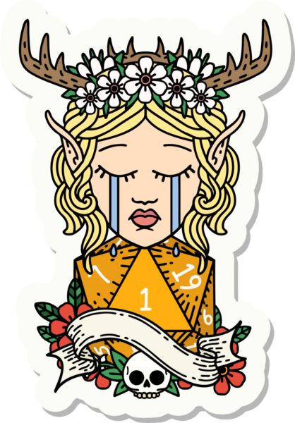 Ağlayan bir Elf Druid karakterinin çıkartması. Doğal bir D20 zarı bir insan tarafından çizilmiş.