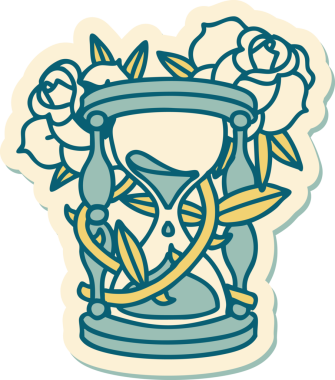 Geleneksel bir saat tarzı dövme çıkartması ve bir insan tarafından çizilmiş çiçekler.