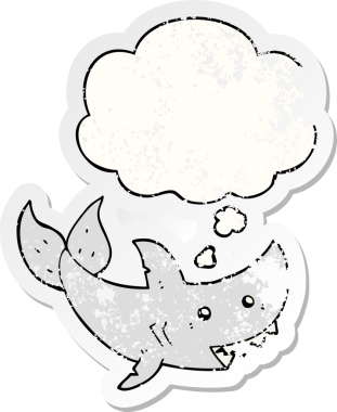 İnsan tarafından çizilmiş yıpranmış bir çıkartma gibi düşünce balonu olan çizgi film köpekbalığı.