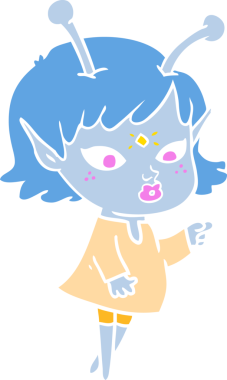 Bir insan tarafından çizilmiş düz renk çizgi film uzaylı kızı.