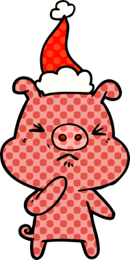 Bir insan tarafından çizilmiş Noel Baba şapkası giymiş kızgın bir domuzun el çizimi çizgi roman çizimi.