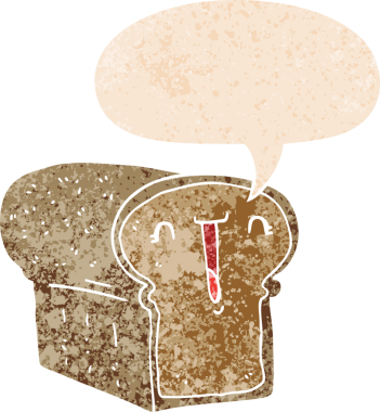 Bir insan tarafından çizilmiş, grunge dertli retro dokuma tarzında konuşma baloncuğu olan tatlı bir ekmek karikatürü.