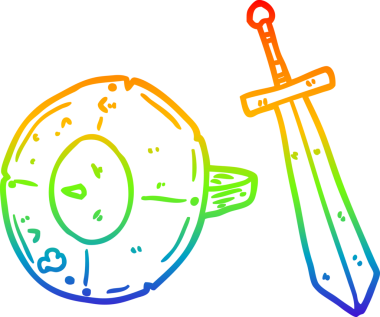 Eski bir gladyatör kalkanı ve bir insan tarafından çizilen kılıcın çizimi.