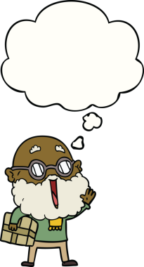 Komik sakallı ve kolunun altında bir insan tarafından çizilmiş düşünce baloncuğu olan neşeli adam.