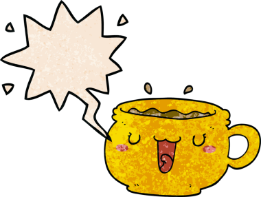 Bir insan tarafından çizilmiş geçmişe dönük konuşma baloncuklu şirin çizgi film kahve fincanı.