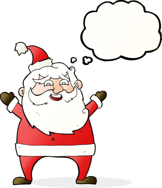 Düşünce baloncuğu çizilmiş neşeli Noel Baba çizgi filmi