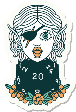 Bir insan tarafından çizilmiş doğal yirmi zarlı düzenbaz bir elf karakterinin çıkartması.