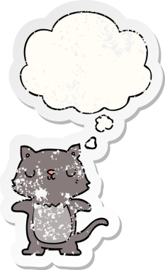 Düşünce baloncuğu olan çizgi film kedisi insan tarafından çizilmiş yıpranmış bir çıkartma.