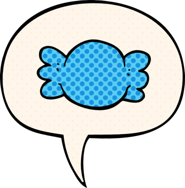 Bir insan tarafından çizilmiş çizgi roman tarzında konuşma balonuyla sarılmış şekerler.