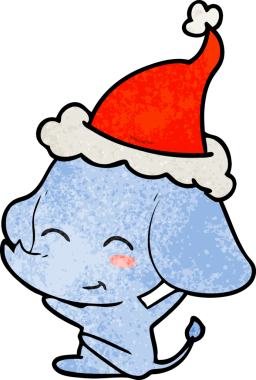 Bir insan tarafından çizilmiş Noel Baba şapkası takan bir filin desenli çizimi.