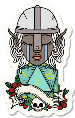 Ağlayan bir elf savaşçı karakterinin çıkartması. Doğal bir insan tarafından çizilmiş bir D20 rulo.