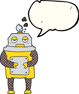 El yazısıyla çizilmiş çizgi roman konuşma balonu, bir insan tarafından çizilmiş bozuk robot.
