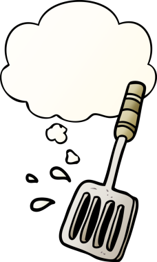 Bir insan tarafından çizilmiş yumuşak eğimli düşünce baloncuklu çizgi film mutfak spatulası.