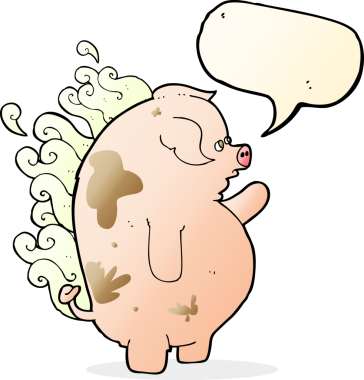 Bir insan tarafından çizilmiş konuşma balonlu şişman kokuşmuş domuz.