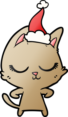 Sakin el çizimi. Bir insan tarafından çizilmiş Noel Baba şapkası takan bir kedi çizimi.