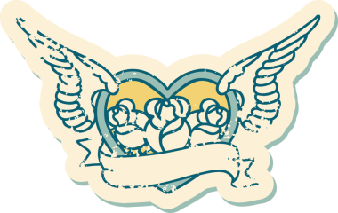 Bir insan tarafından çizilmiş çiçek ve pankartıyla uçan bir kalbin sembolik dövmeli resmi.