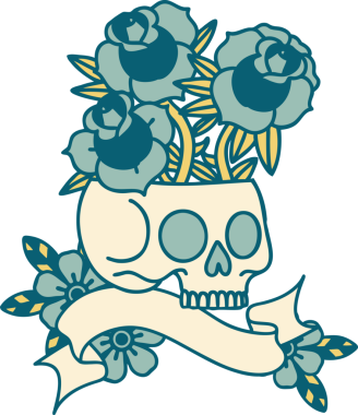 Bir insan tarafından çizilmiş kafatası ve güllerle geleneksel dövme.