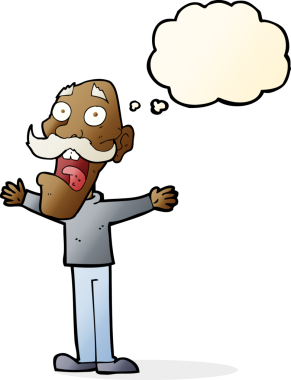 Çizgi film, bir insan tarafından çizilmiş düşünce balonlu yaşlı adamı strese sokuyor.