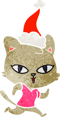 Bir insanın çizdiği Noel Baba şapkasıyla koşuya çıkmış bir kedinin el çizimi karikatürü.