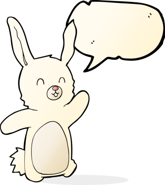 Bir insan tarafından çizilmiş konuşma balonlu mutlu tavşan çizgi filmi.
