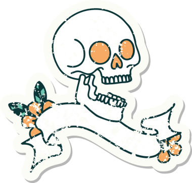 Bir insan tarafından çizilmiş kafatasının pankartıyla eski bir etiket.