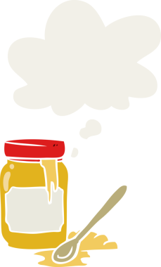 Düşünce baloncuğu olan ballı çizgi film kavanozu insan tarafından çizilmiş.